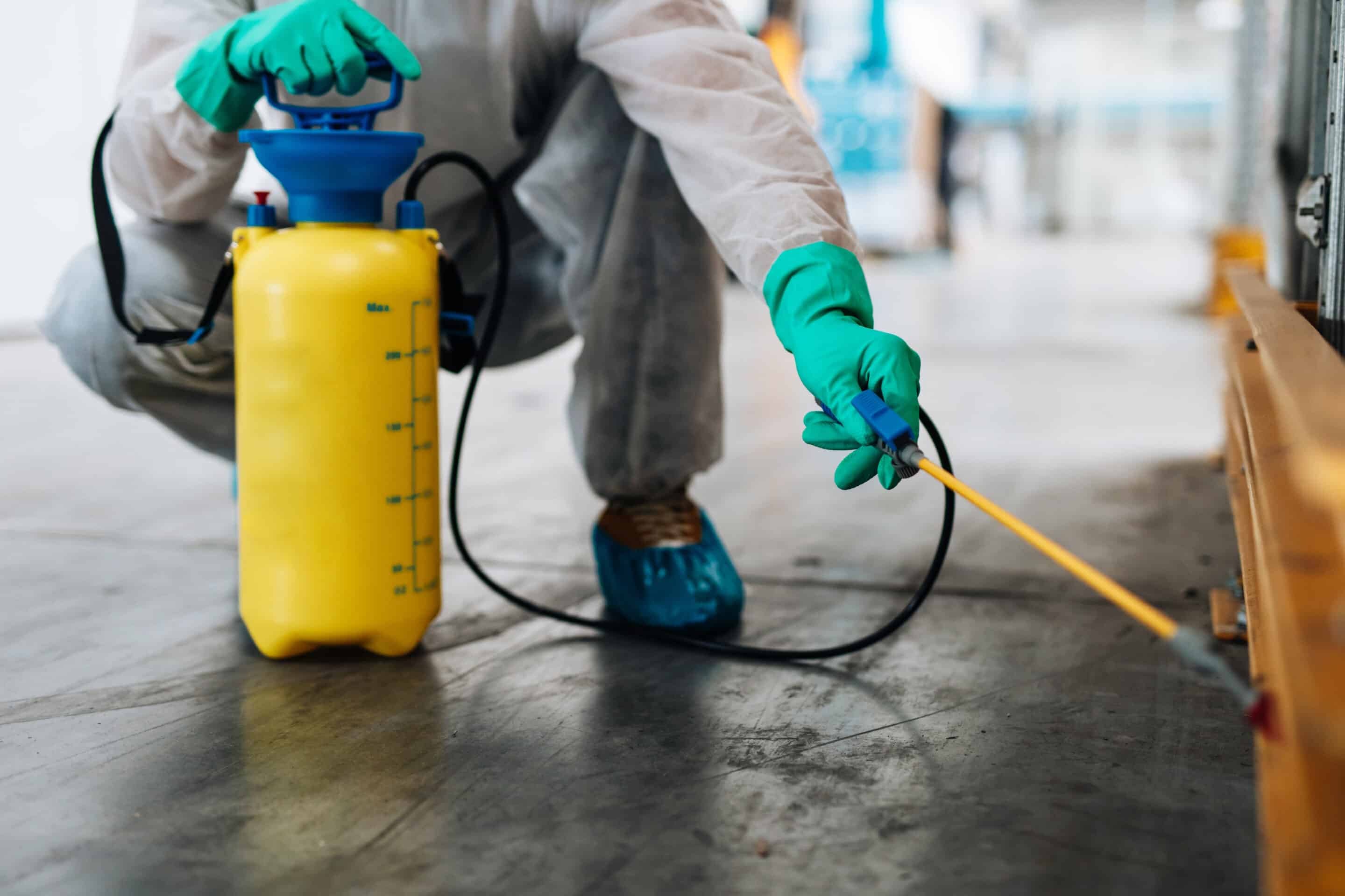 exterminator in industrial plant spraying pesticide with sprayer. disinfection of the factory due to the coronavirus epidemic.