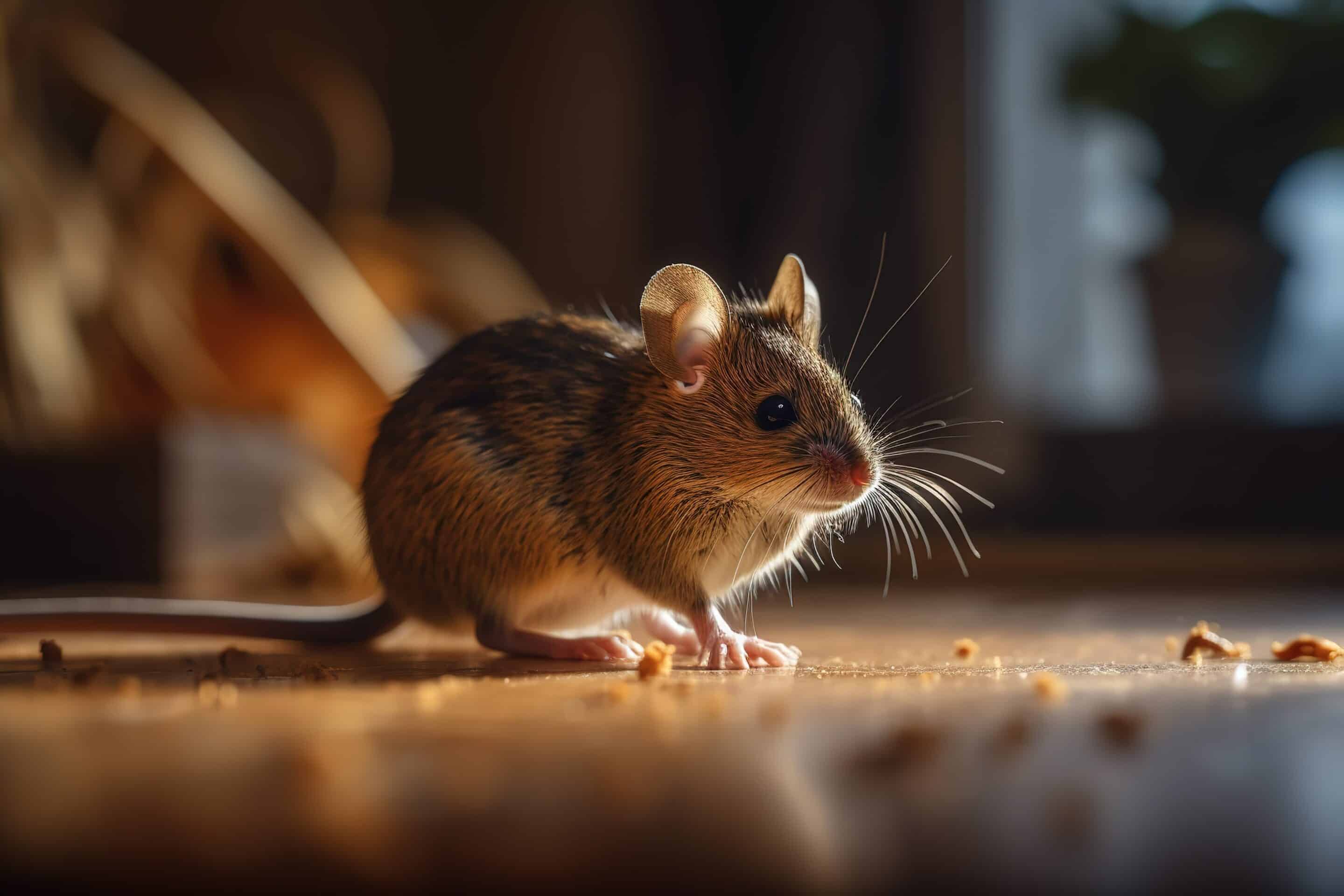 tiny mouse on a wooden floor close up with soft focus and bokeh background. generated ai.